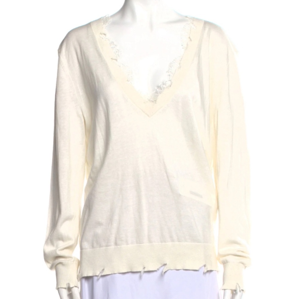 NWT IRO Jeans Distressed V Neck Sweater with Lace Trim Ivory Size XS $325